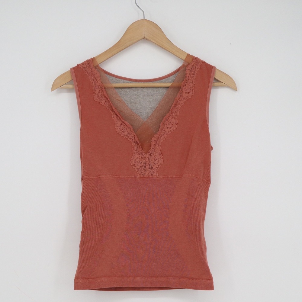Haobo Terracotta Lace Trim V-Neck Mesh Inset Ribbed Camisole Tank Top Small